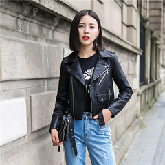 Pu Leather Jacket Women Fashion Bright Colors Black Motorcycle Coat