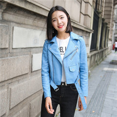 Pu Leather Jacket Women Fashion Bright Colors Black Motorcycle Coat