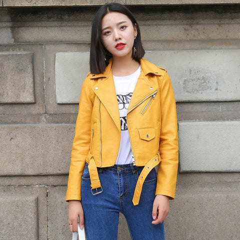 Pu Leather Jacket Women Fashion Bright Colors Black Motorcycle Coat