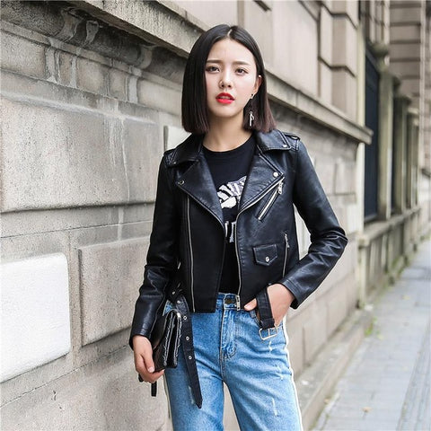 Pu Leather Jacket Women Fashion Bright Colors Black Motorcycle Coat