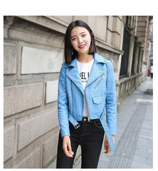 Pu Leather Jacket Women Fashion Bright Colors Black Motorcycle Coat