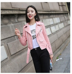 Pu Leather Jacket Women Fashion Bright Colors Black Motorcycle Coat